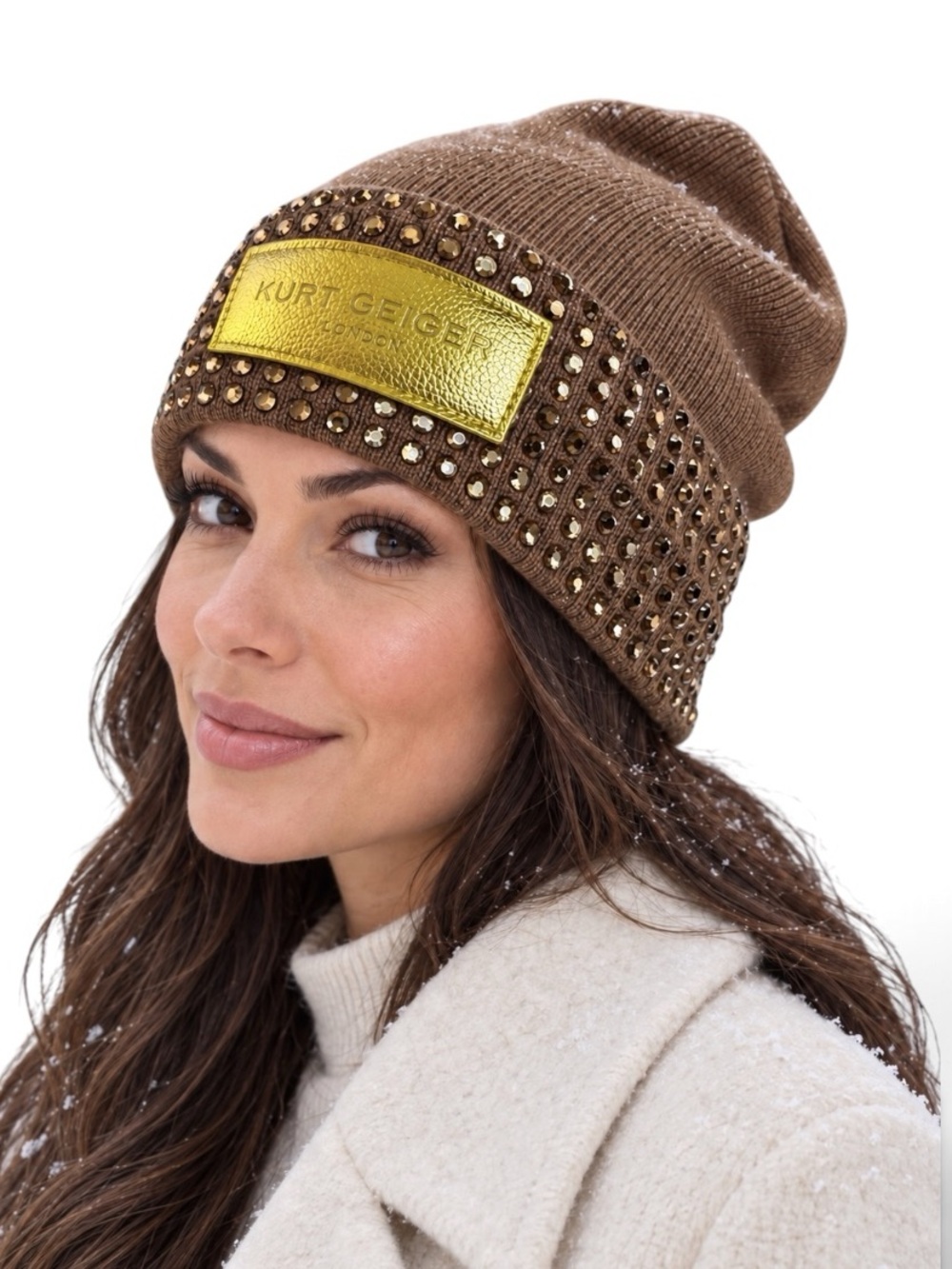 Kurt Geiger London Cocoa Gold Crystal Studded Cuff Beanie NWOT